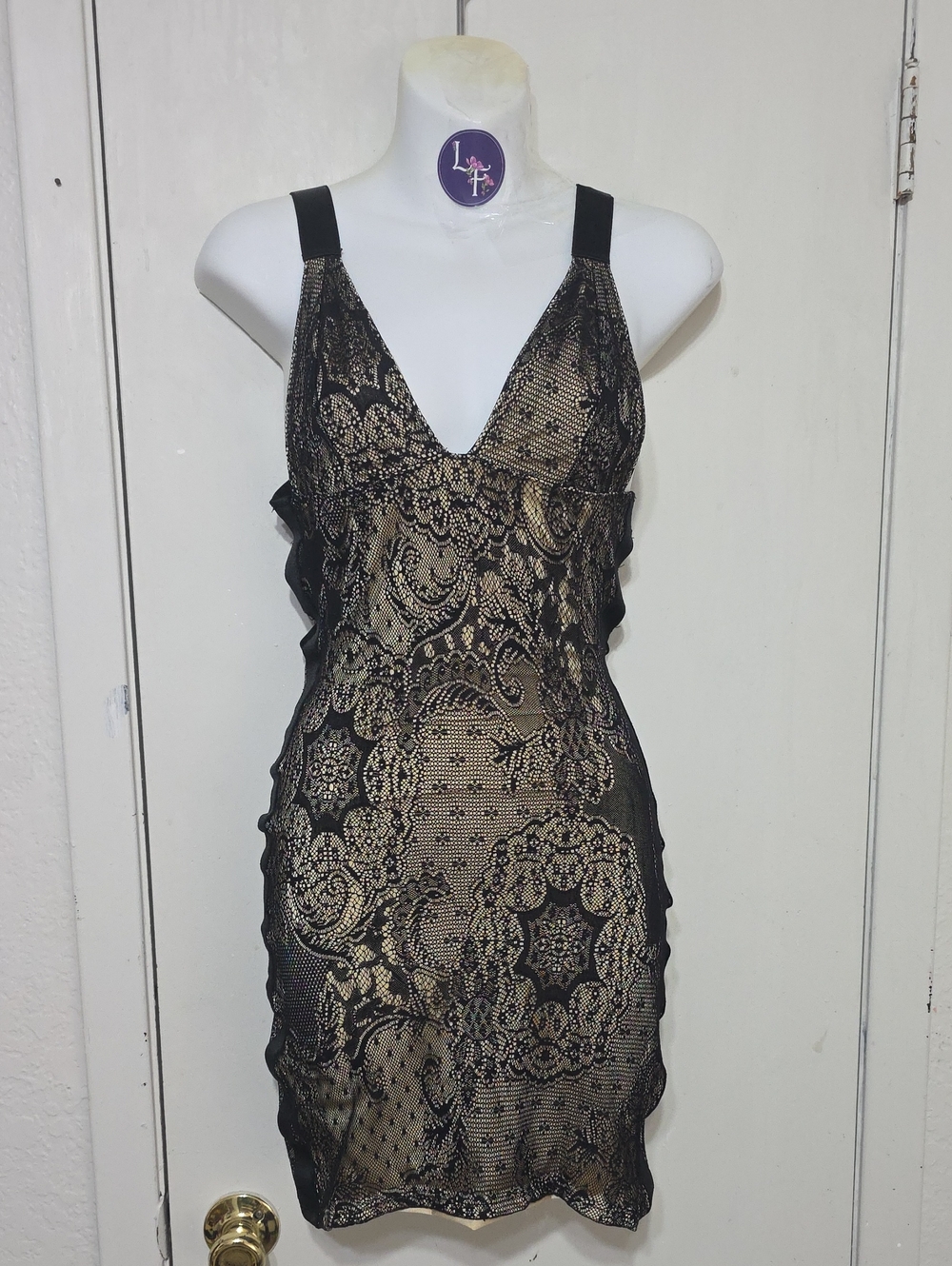 Black and Gold Lace-Overlay Mini Dress
